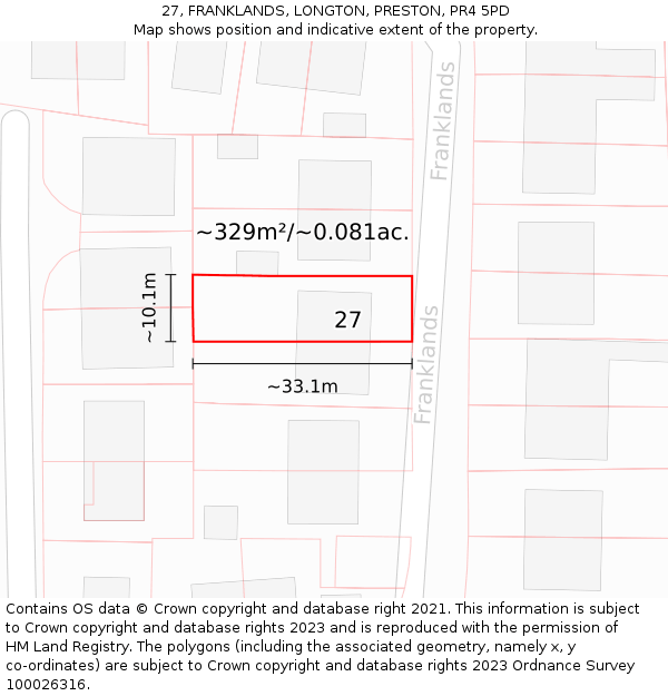 27, FRANKLANDS, LONGTON, PRESTON, PR4 5PD: Plot and title map