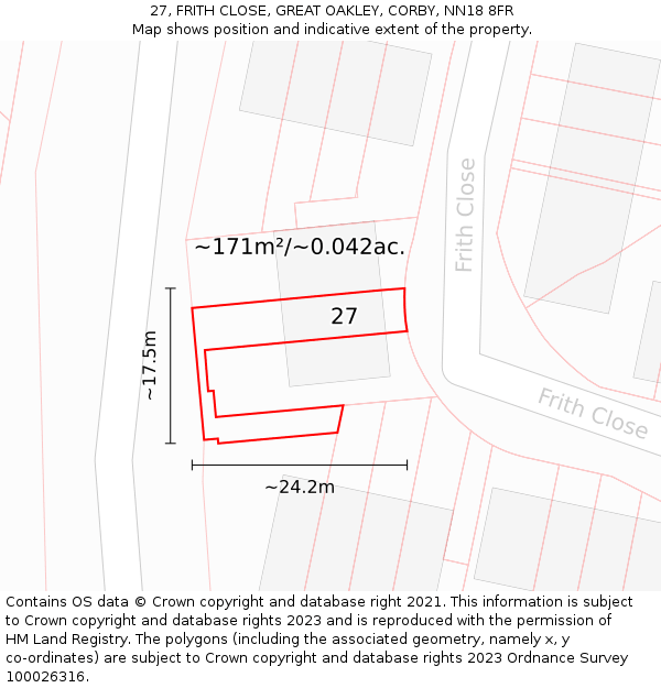27, FRITH CLOSE, GREAT OAKLEY, CORBY, NN18 8FR: Plot and title map