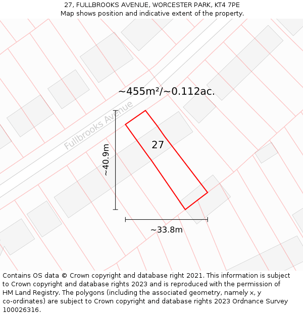 27, FULLBROOKS AVENUE, WORCESTER PARK, KT4 7PE: Plot and title map