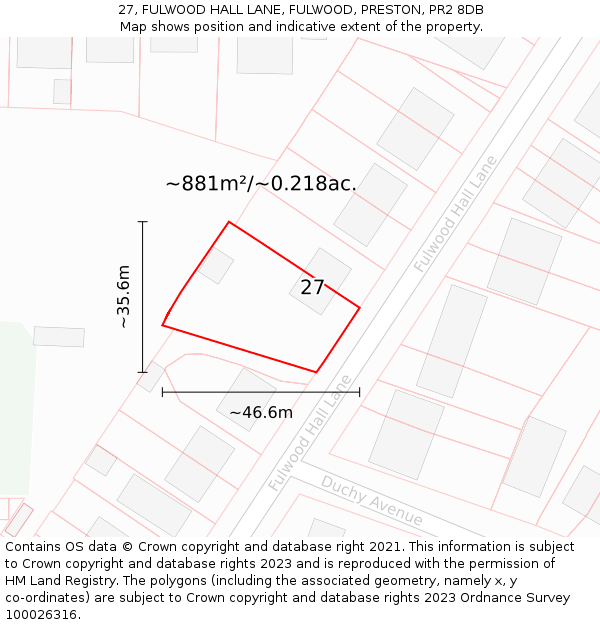 27, FULWOOD HALL LANE, FULWOOD, PRESTON, PR2 8DB: Plot and title map