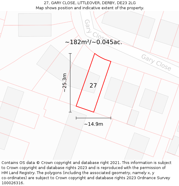 27, GARY CLOSE, LITTLEOVER, DERBY, DE23 2LG: Plot and title map
