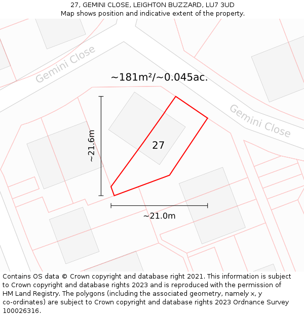 27, GEMINI CLOSE, LEIGHTON BUZZARD, LU7 3UD: Plot and title map