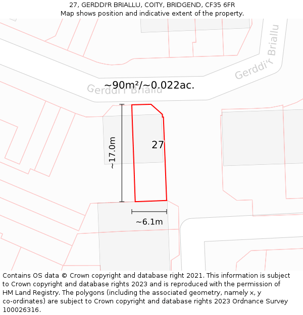 27, GERDDI'R BRIALLU, COITY, BRIDGEND, CF35 6FR: Plot and title map