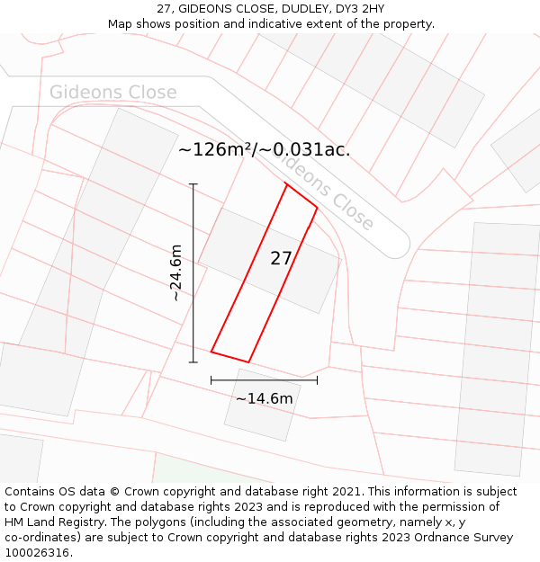 27, GIDEONS CLOSE, DUDLEY, DY3 2HY: Plot and title map