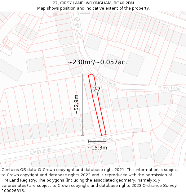 27, GIPSY LANE, WOKINGHAM, RG40 2BN: Plot and title map