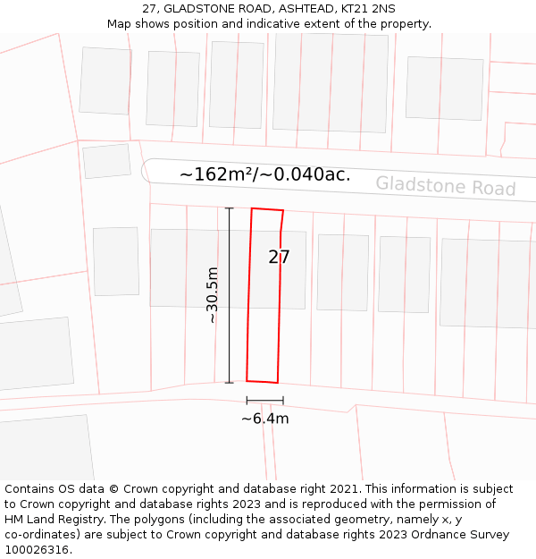 27, GLADSTONE ROAD, ASHTEAD, KT21 2NS: Plot and title map