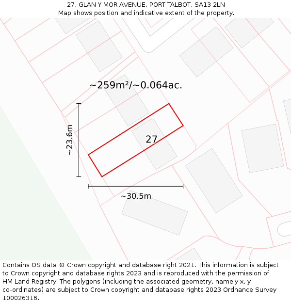 27, GLAN Y MOR AVENUE, PORT TALBOT, SA13 2LN: Plot and title map