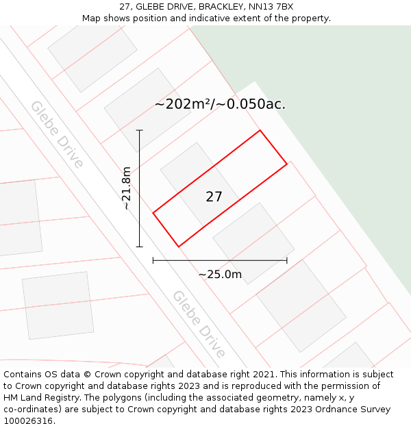 27, GLEBE DRIVE, BRACKLEY, NN13 7BX: Plot and title map