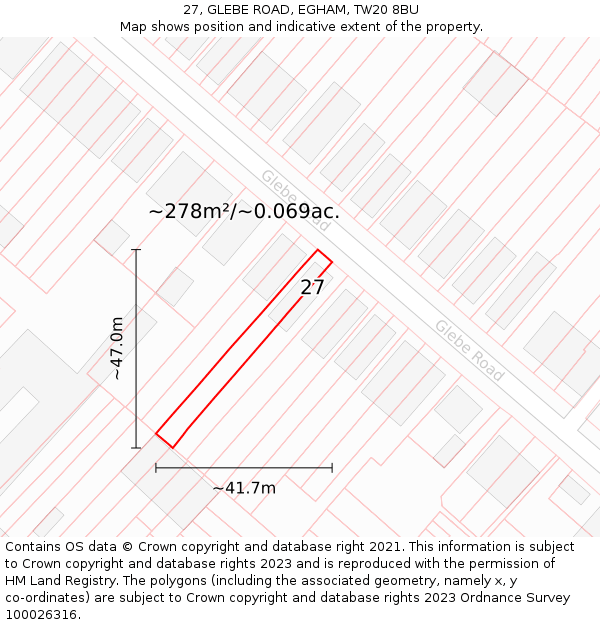 27, GLEBE ROAD, EGHAM, TW20 8BU: Plot and title map