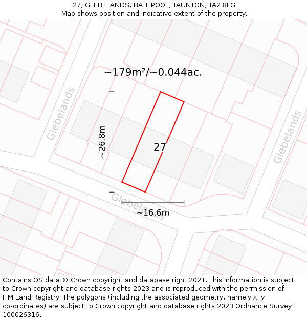 27, GLEBELANDS, BATHPOOL, TAUNTON, TA2 8FG: Plot and title map