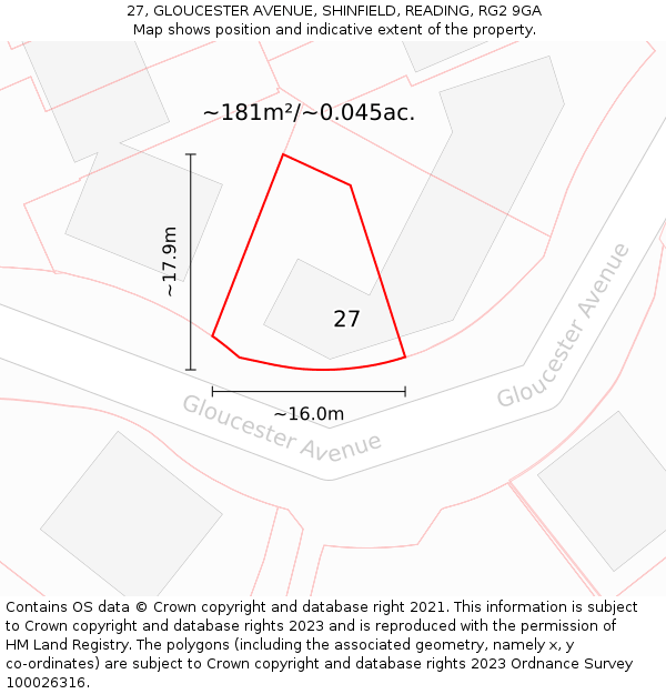 27, GLOUCESTER AVENUE, SHINFIELD, READING, RG2 9GA: Plot and title map