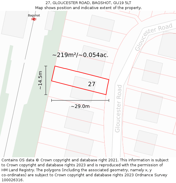 27, GLOUCESTER ROAD, BAGSHOT, GU19 5LT: Plot and title map