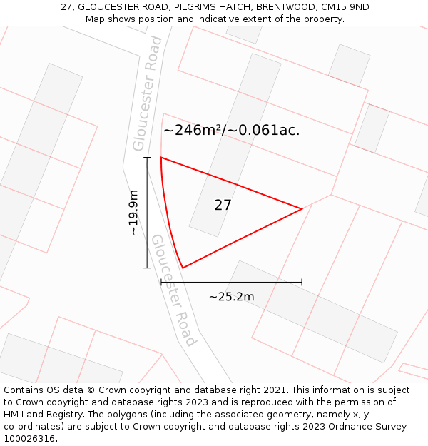 27, GLOUCESTER ROAD, PILGRIMS HATCH, BRENTWOOD, CM15 9ND: Plot and title map