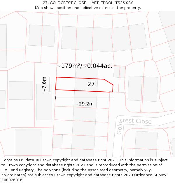 27, GOLDCREST CLOSE, HARTLEPOOL, TS26 0RY: Plot and title map