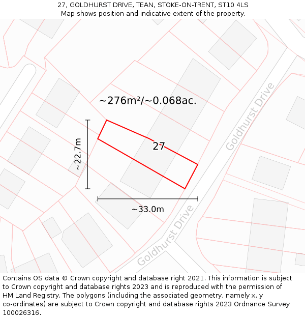 27, GOLDHURST DRIVE, TEAN, STOKE-ON-TRENT, ST10 4LS: Plot and title map
