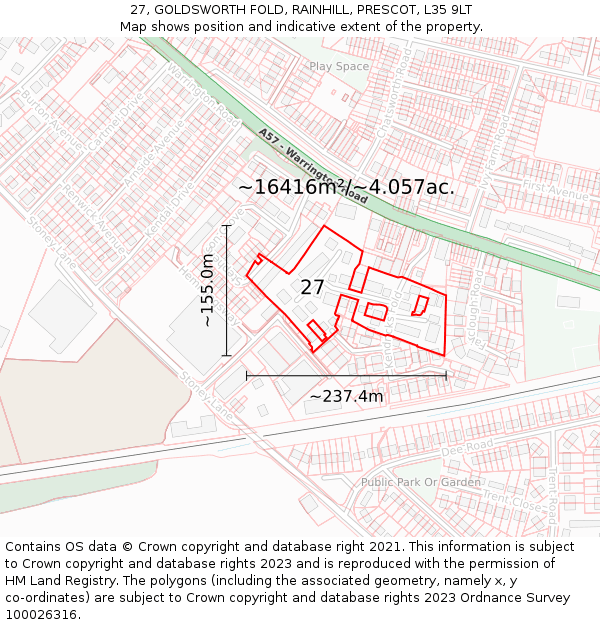 27, GOLDSWORTH FOLD, RAINHILL, PRESCOT, L35 9LT: Plot and title map