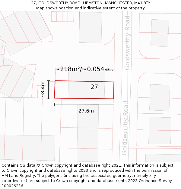 27, GOLDSWORTHY ROAD, URMSTON, MANCHESTER, M41 8TY: Plot and title map