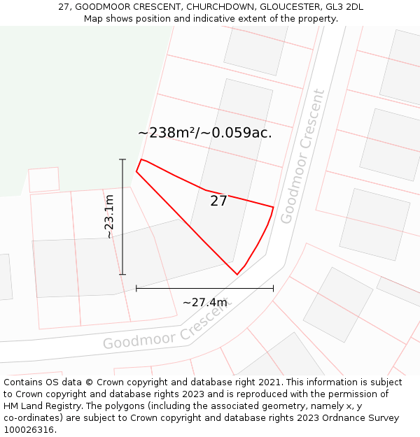 27, GOODMOOR CRESCENT, CHURCHDOWN, GLOUCESTER, GL3 2DL: Plot and title map