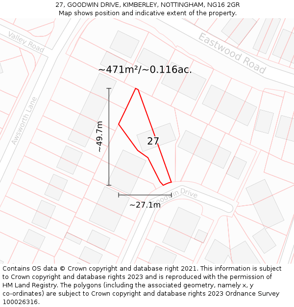 27, GOODWIN DRIVE, KIMBERLEY, NOTTINGHAM, NG16 2GR: Plot and title map