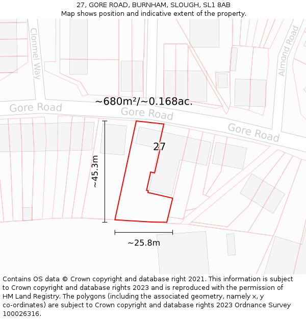 27, GORE ROAD, BURNHAM, SLOUGH, SL1 8AB: Plot and title map
