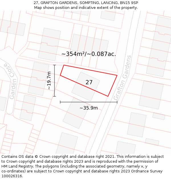 27, GRAFTON GARDENS, SOMPTING, LANCING, BN15 9SP: Plot and title map