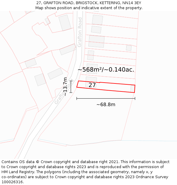 27, GRAFTON ROAD, BRIGSTOCK, KETTERING, NN14 3EY: Plot and title map