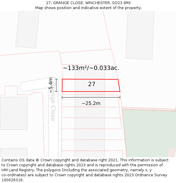 27, GRANGE CLOSE, WINCHESTER, SO23 9RS: Plot and title map