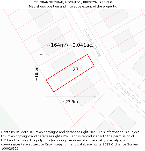 27, GRANGE DRIVE, HOGHTON, PRESTON, PR5 0LP: Plot and title map