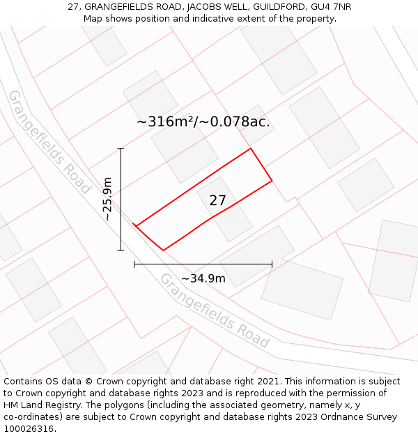 27, GRANGEFIELDS ROAD, JACOBS WELL, GUILDFORD, GU4 7NR: Plot and title map