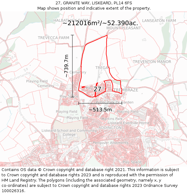 27, GRANITE WAY, LISKEARD, PL14 6FS: Plot and title map
