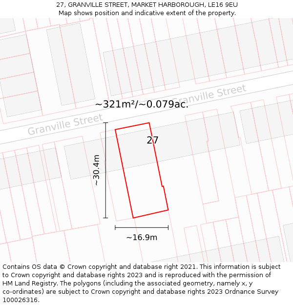 27, GRANVILLE STREET, MARKET HARBOROUGH, LE16 9EU: Plot and title map