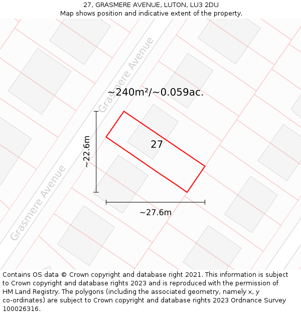 27, GRASMERE AVENUE, LUTON, LU3 2DU: Plot and title map