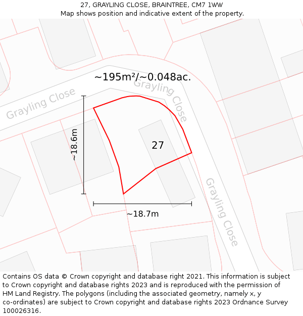 27, GRAYLING CLOSE, BRAINTREE, CM7 1WW: Plot and title map