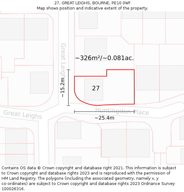 27, GREAT LEIGHS, BOURNE, PE10 0WF: Plot and title map