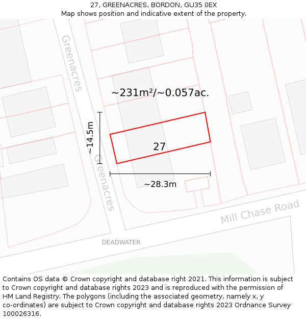 27, GREENACRES, BORDON, GU35 0EX: Plot and title map