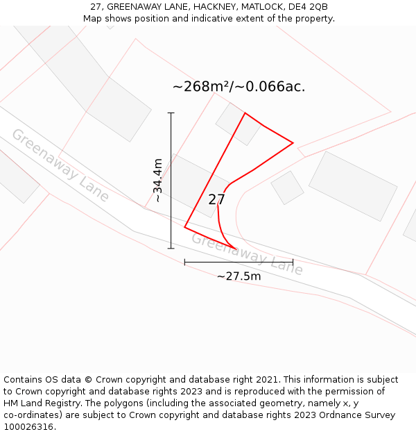 27, GREENAWAY LANE, HACKNEY, MATLOCK, DE4 2QB: Plot and title map