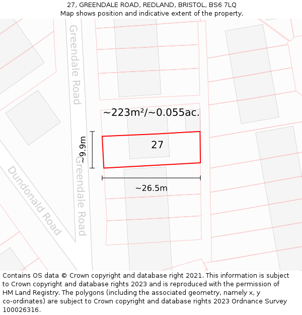 27, GREENDALE ROAD, REDLAND, BRISTOL, BS6 7LQ: Plot and title map