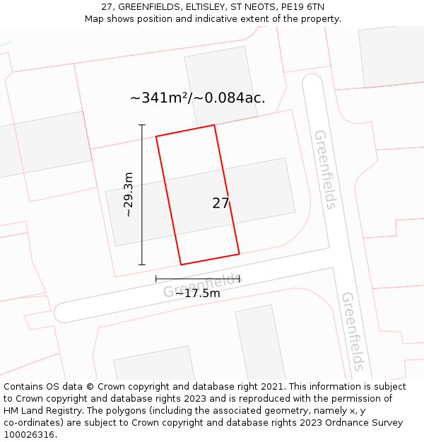 27, GREENFIELDS, ELTISLEY, ST NEOTS, PE19 6TN: Plot and title map