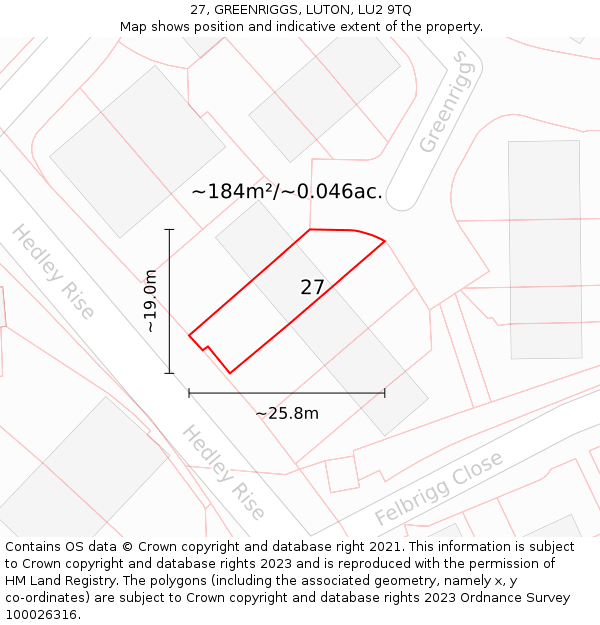 27, GREENRIGGS, LUTON, LU2 9TQ: Plot and title map