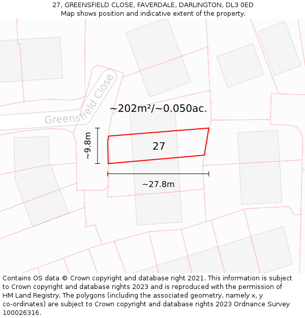 27, GREENSFIELD CLOSE, FAVERDALE, DARLINGTON, DL3 0ED: Plot and title map