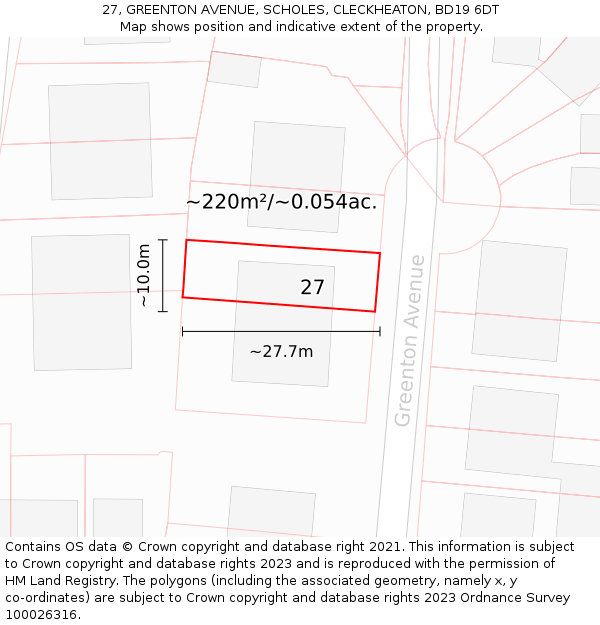 27, GREENTON AVENUE, SCHOLES, CLECKHEATON, BD19 6DT: Plot and title map
