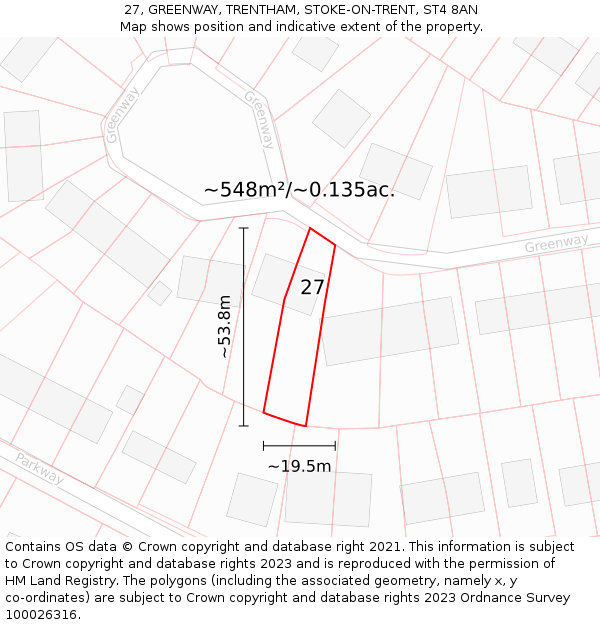 27, GREENWAY, TRENTHAM, STOKE-ON-TRENT, ST4 8AN: Plot and title map
