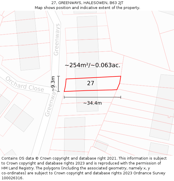 27, GREENWAYS, HALESOWEN, B63 2JT: Plot and title map