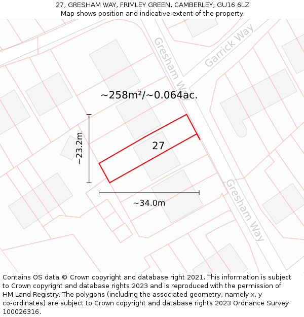 27, GRESHAM WAY, FRIMLEY GREEN, CAMBERLEY, GU16 6LZ: Plot and title map