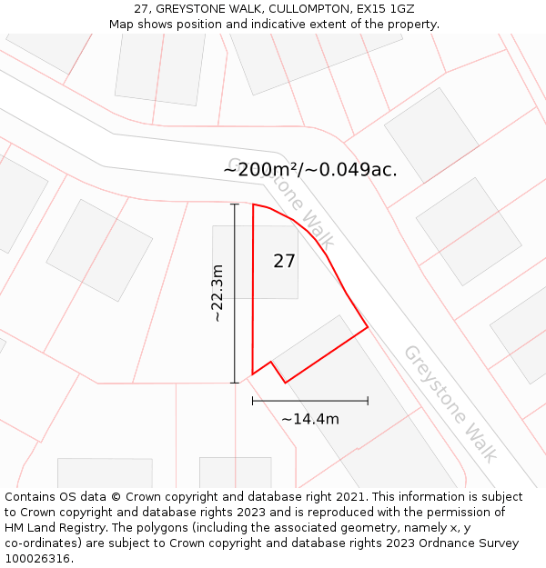 27, GREYSTONE WALK, CULLOMPTON, EX15 1GZ: Plot and title map