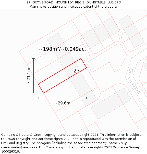 27, GROVE ROAD, HOUGHTON REGIS, DUNSTABLE, LU5 5PD: Plot and title map