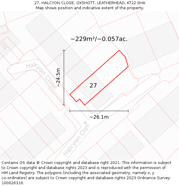27, HALCYON CLOSE, OXSHOTT, LEATHERHEAD, KT22 0HA: Plot and title map