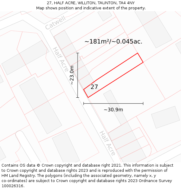 27, HALF ACRE, WILLITON, TAUNTON, TA4 4NY: Plot and title map