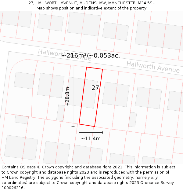 27, HALLWORTH AVENUE, AUDENSHAW, MANCHESTER, M34 5SU: Plot and title map