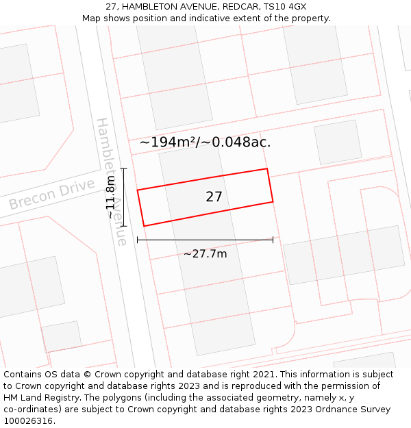 27, HAMBLETON AVENUE, REDCAR, TS10 4GX: Plot and title map